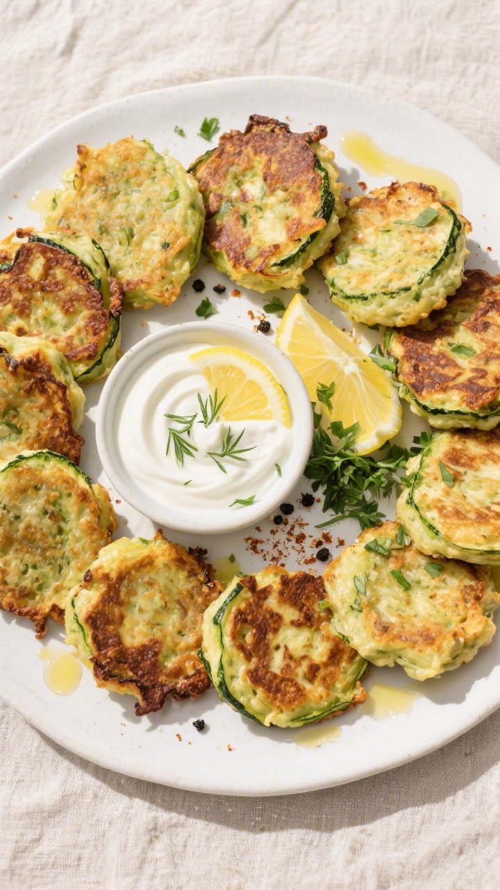 Overhead “tasty top view” of a platter of baked zucchini fritters arranged in a loose circle on 