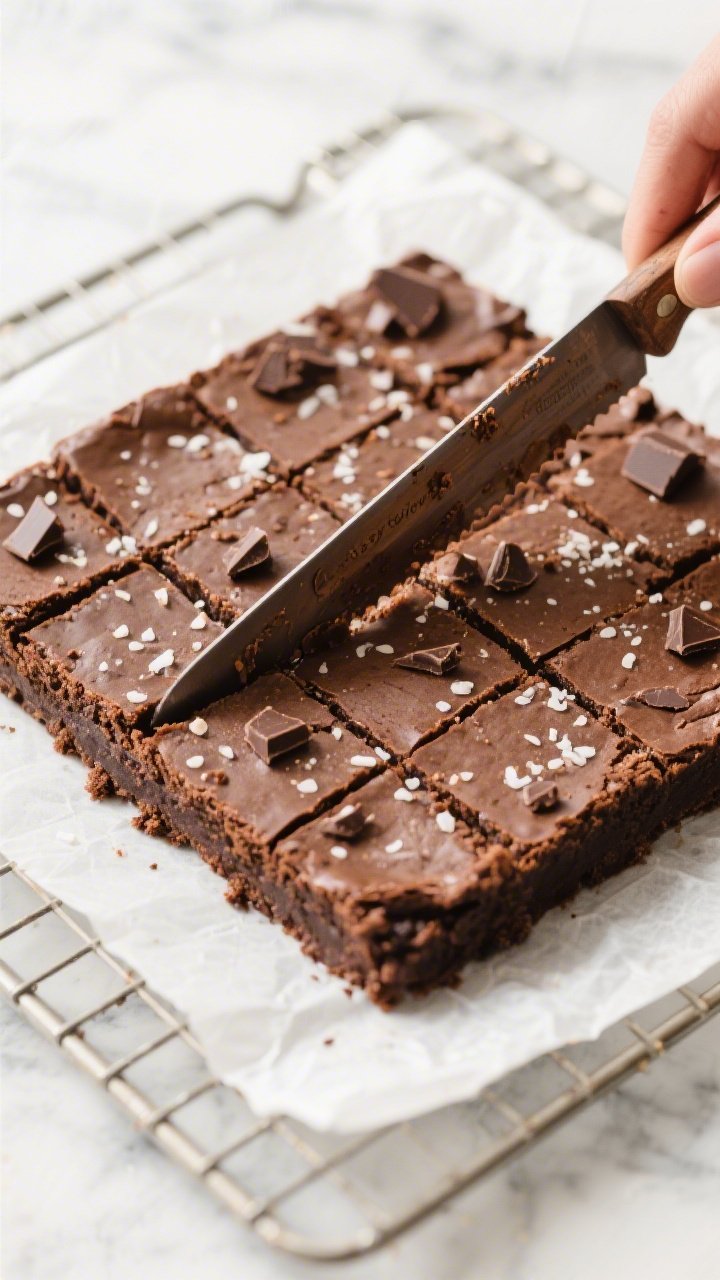 Overhead “tasty top view” of an 8-inch slab of fudgy gluten-free brownies on parchment, being cu