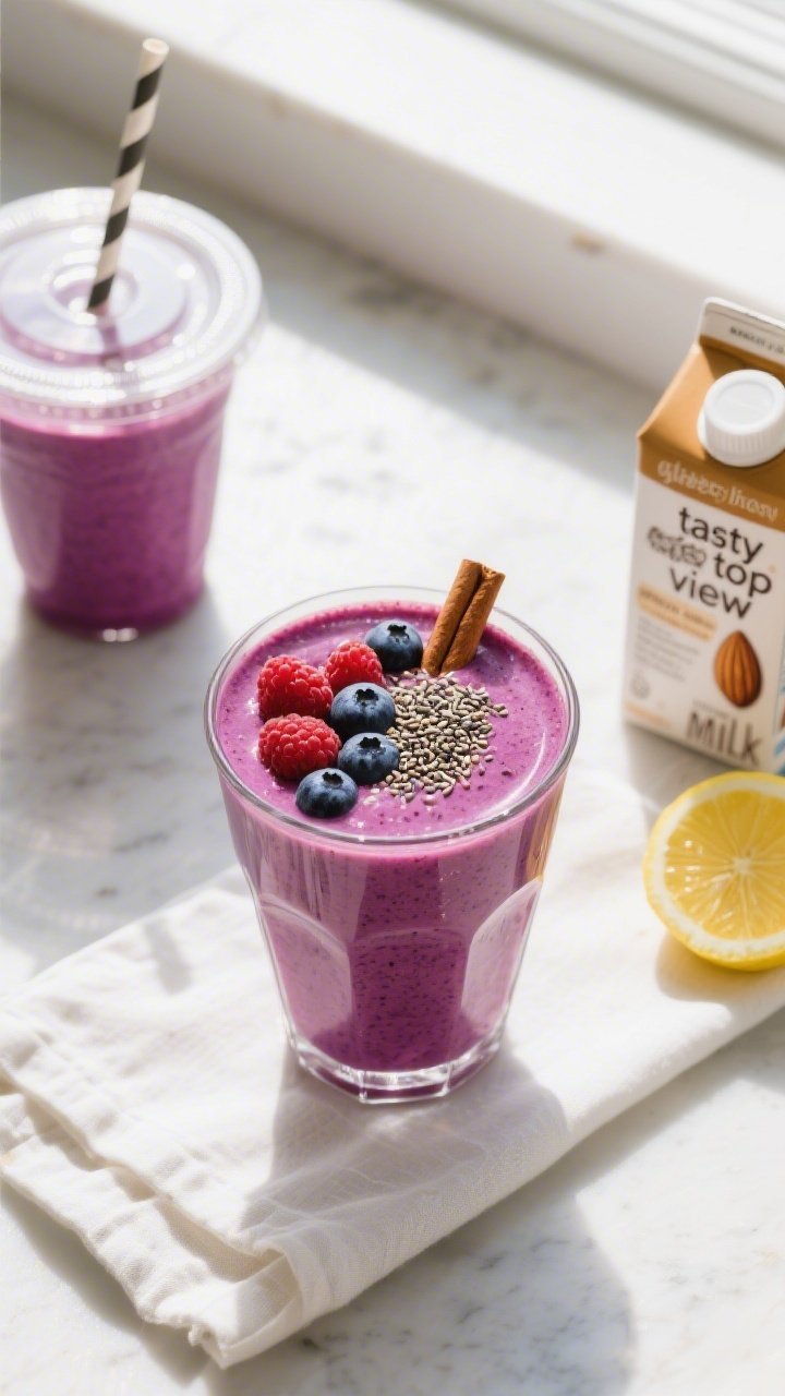 Overhead “tasty top view” of the final gluten-free smoothie served in a wide glass, deep magenta