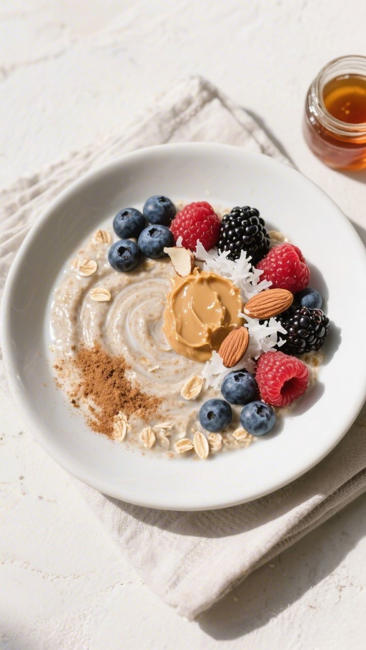 Overhead “tasty top view” shot: Final plated Overnight Gluten-Free Oats with Berries in a wide, 