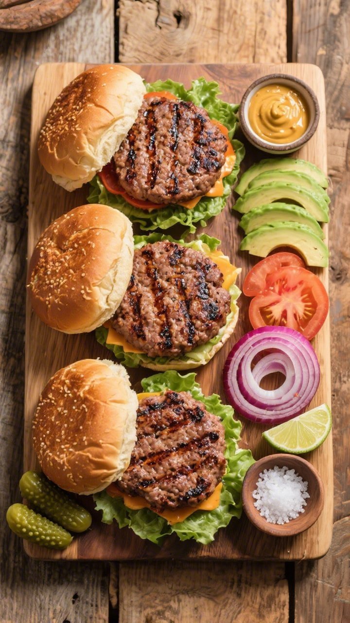 Overhead “tasty top view”: Top-down shot of a build-your-own burger board featuring 4 cooked pat