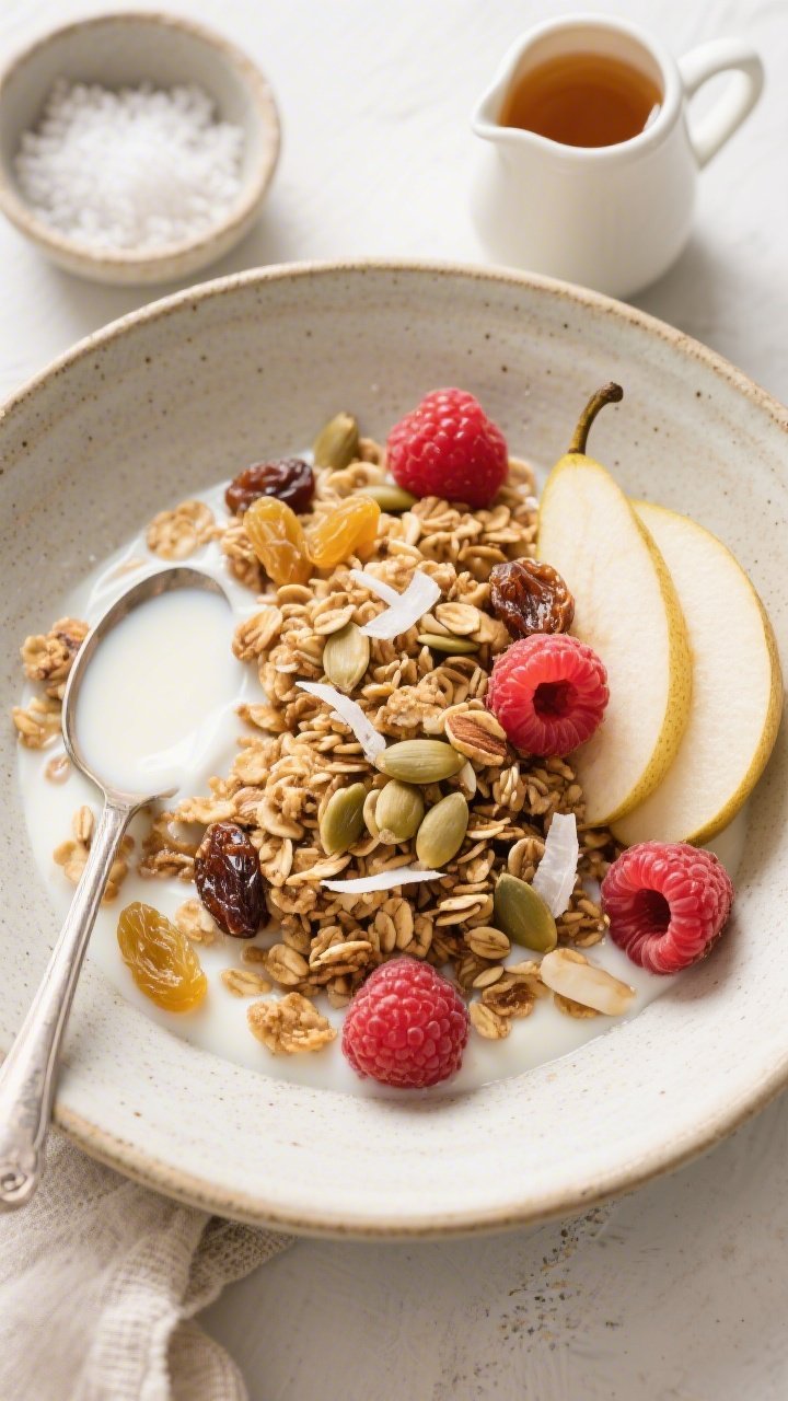 Overhead tasty top view: Top-down shot of a breakfast spread featuring a spooned-in splash of almond