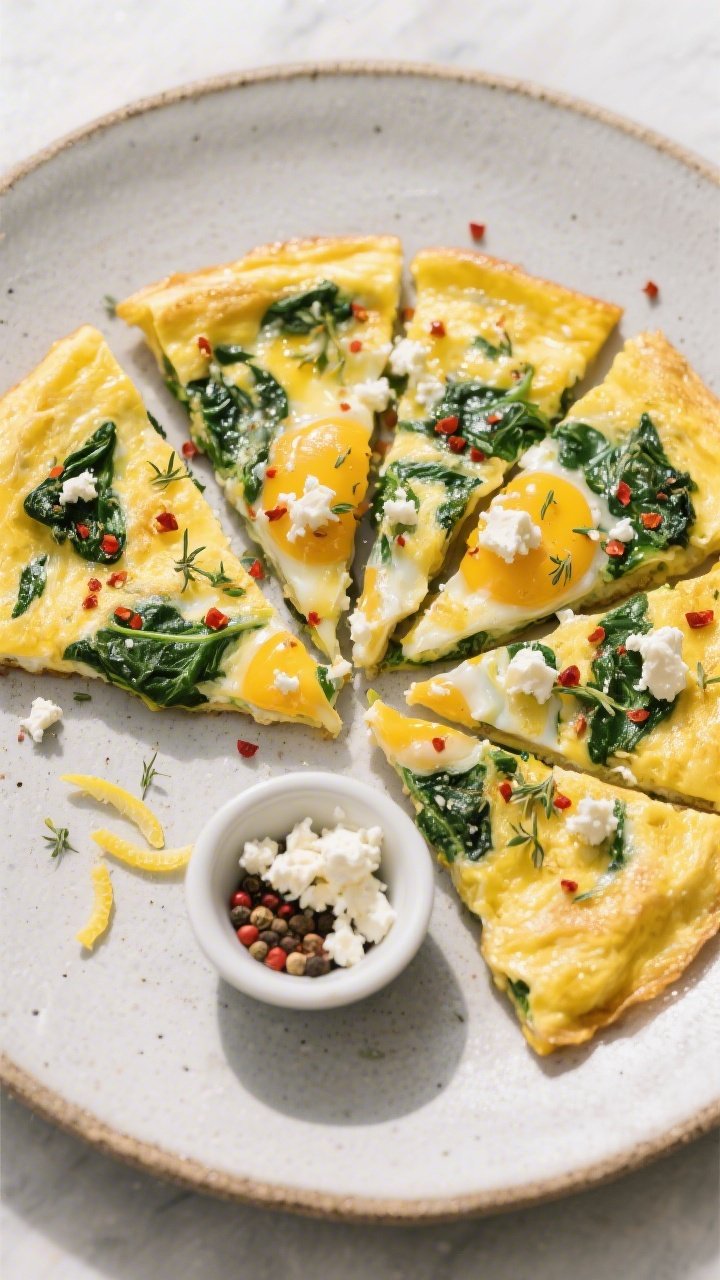 Overhead tasty top view: Top-down shot of a sliced Spinach & Feta Gluten-Free Omelette on a matte st