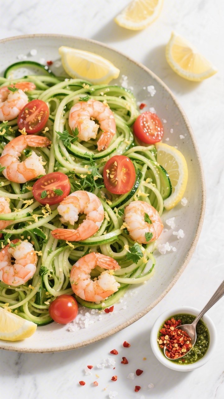 Overhead tasty top view, variation with protein: Top-down shot of Lemon Shrimp Zoodles arranged fami