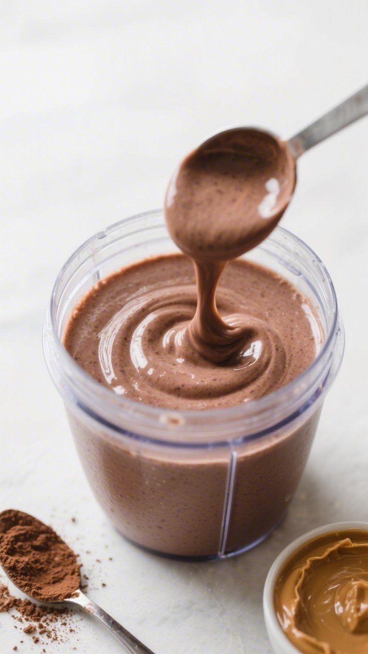 Process-focused scene of the smoothie in the blender jar just after blending, silky uniform consiste