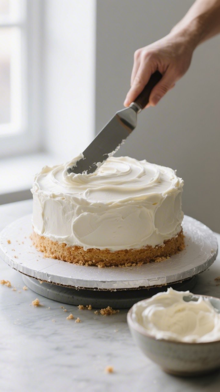 Process-focused, three-quarter angle shot of the frosting step: a cooled cake layer on a turntable b