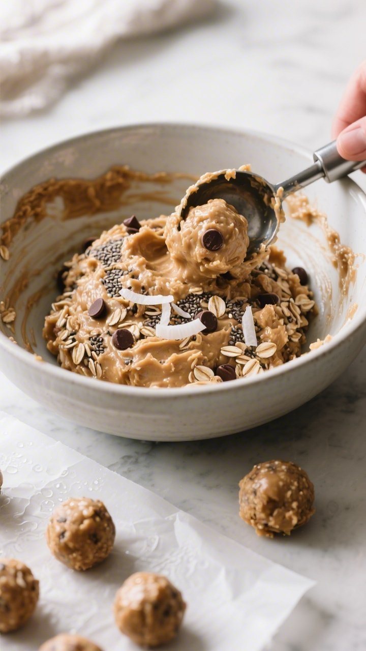 Process-in-action shot: Chilled energy ball mixture in a mixing bowl right before rolling—thick, t