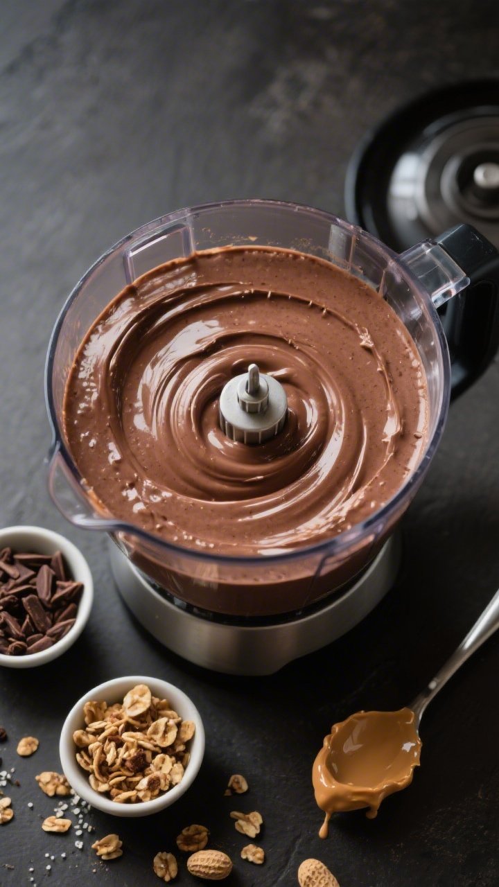 Process shot from above of a Chocolate Peanut Butter Smoothie Bowl in a high-speed blender jar, post