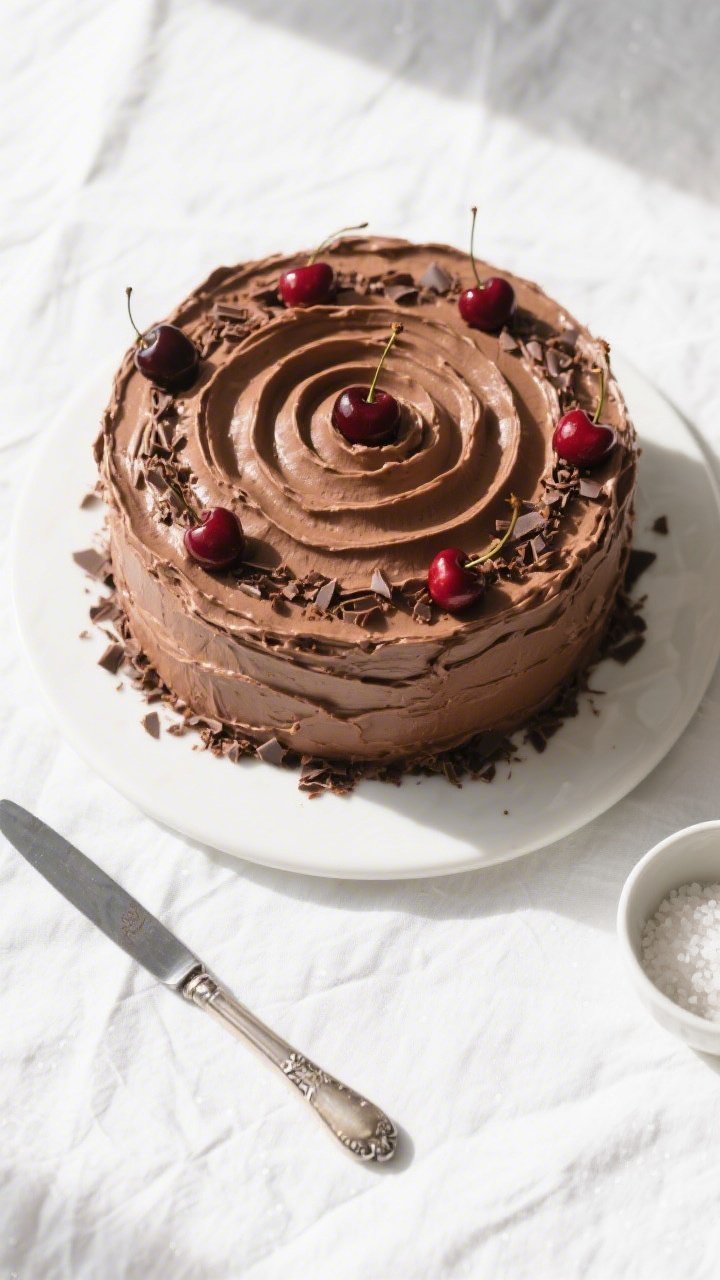 Tasty overhead presentation: Top-down shot of the whole frosted vegan gluten-free chocolate cake on 