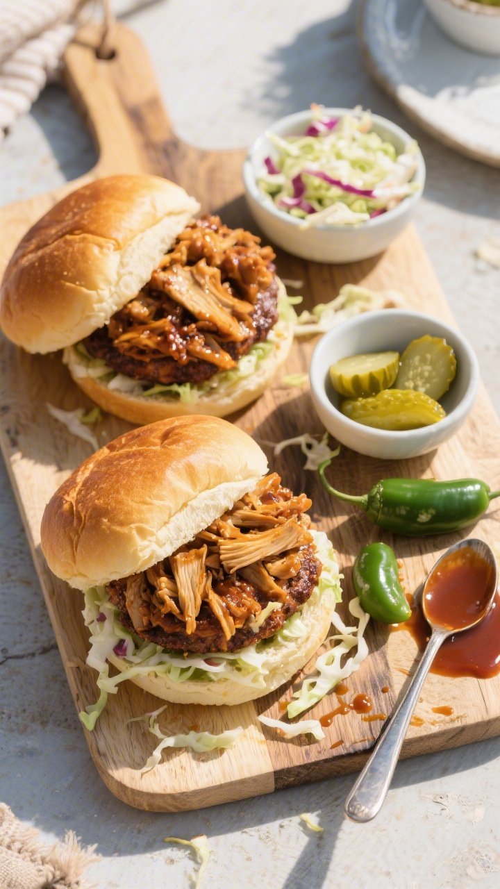 Tasty top-down platter: Overhead shot of a casual serving board with two assembled BBQ jackfruit bur