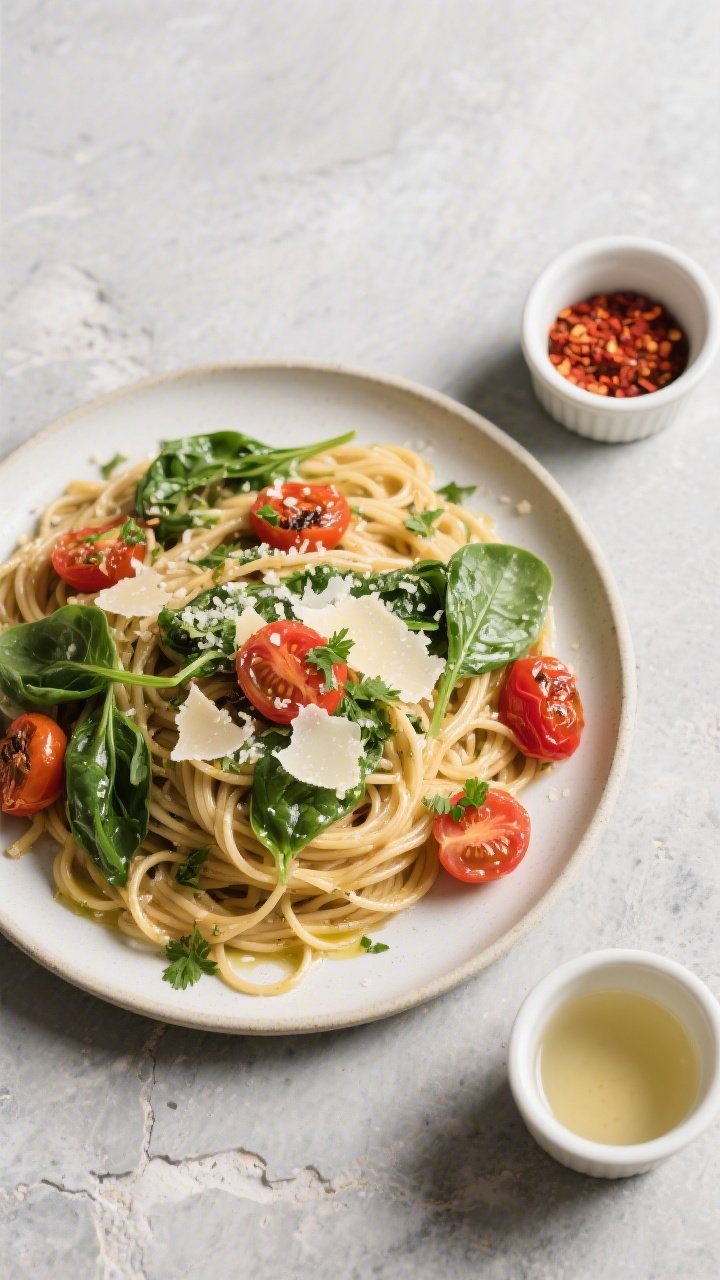 Tasty top-down variety: Overhead shot of gluten-free linguine coated in silky aglio e olio, studded 