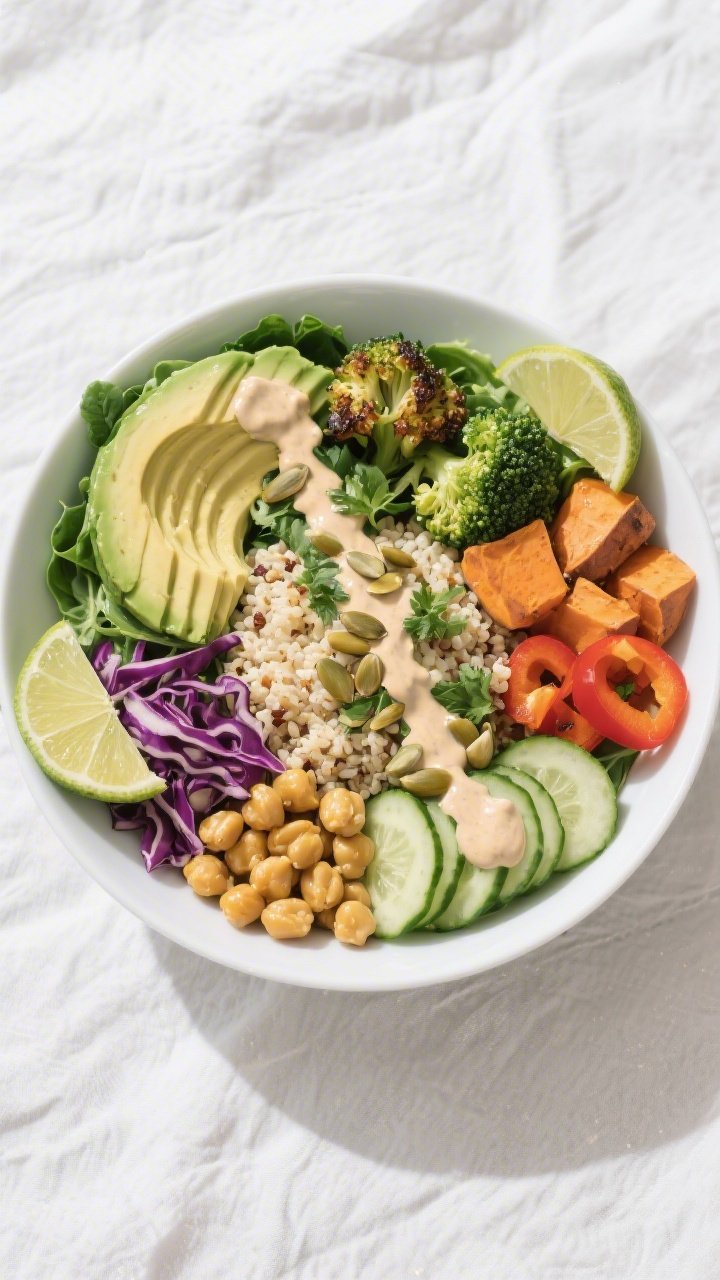 Tasty top view final dish: Overhead shot of a fully assembled Gluten-Free Vegan Buddha Bowl—quinoa