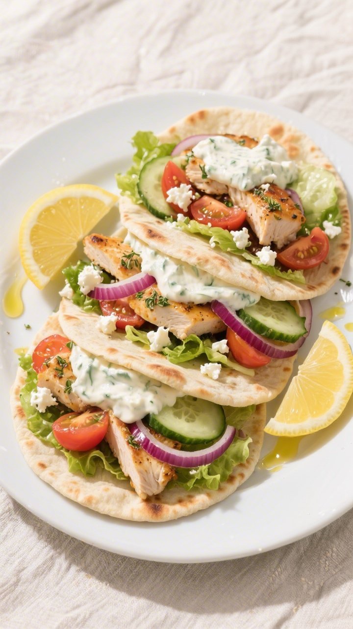 Tasty top view final dish: Overhead shot of assembled Gluten-Free Greek Chicken Gyros on a matte whi