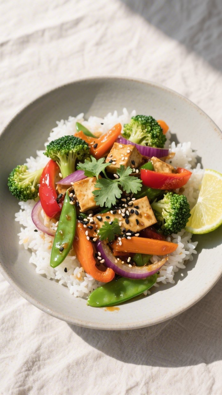 Tasty top view: Final plated 20-minute vegan stir fry served over fluffy white rice in a wide matte 