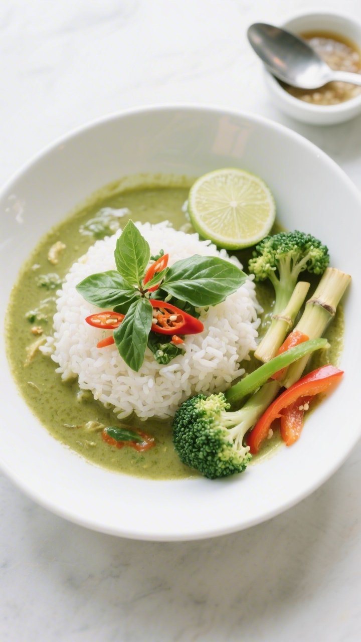 Tasty top view – Final plated bowl over rice: Overhead shot of a beautifully plated gluten-free Th
