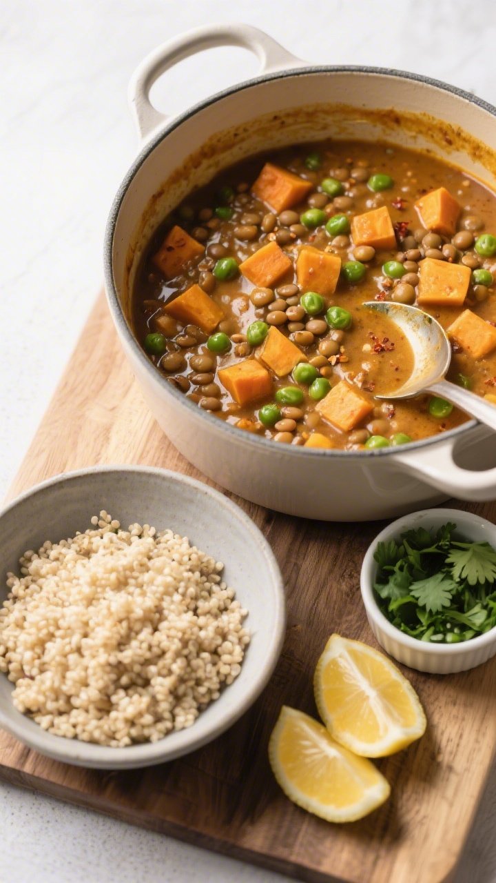 Tasty top view for serving spread: Overhead shot of a cozy weeknight spread—large pot of finished