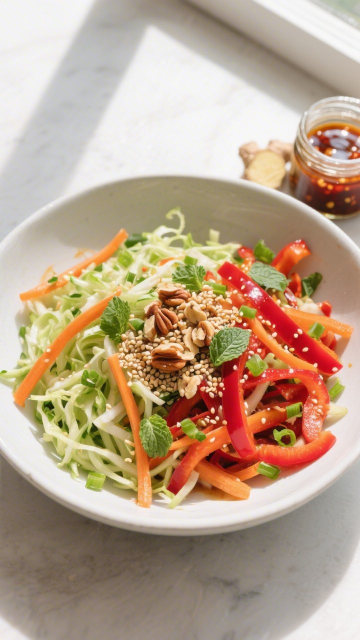 Tasty top view – freshly dressed slaw: Overhead shot of the Asian dairy-free slaw in a wide, matte