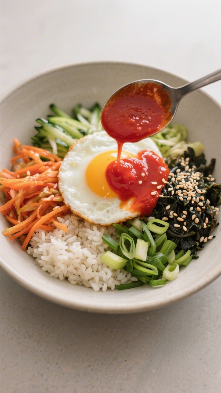 Tasty top-view mix moment: Overhead shot of bibimbap just before mixing—components arranged in col