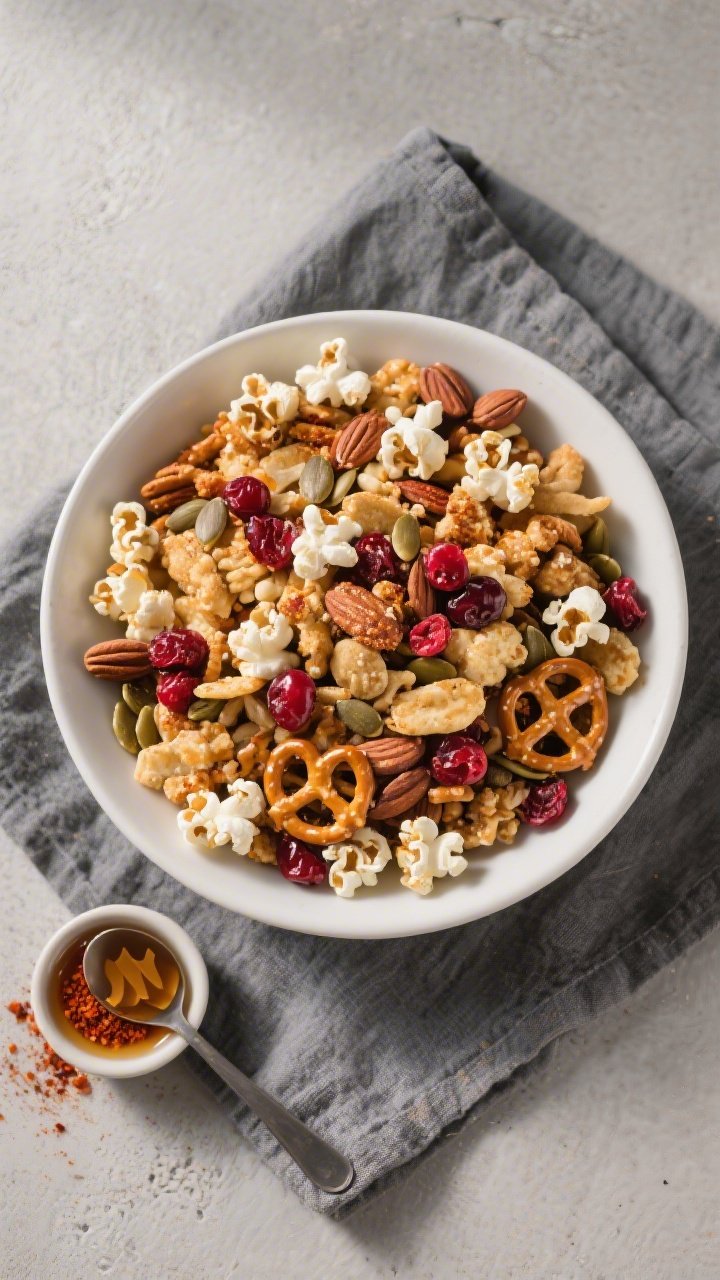 Tasty top view, overhead: An overhead shot of the fully cooled snack mix in a wide, matte-white serv