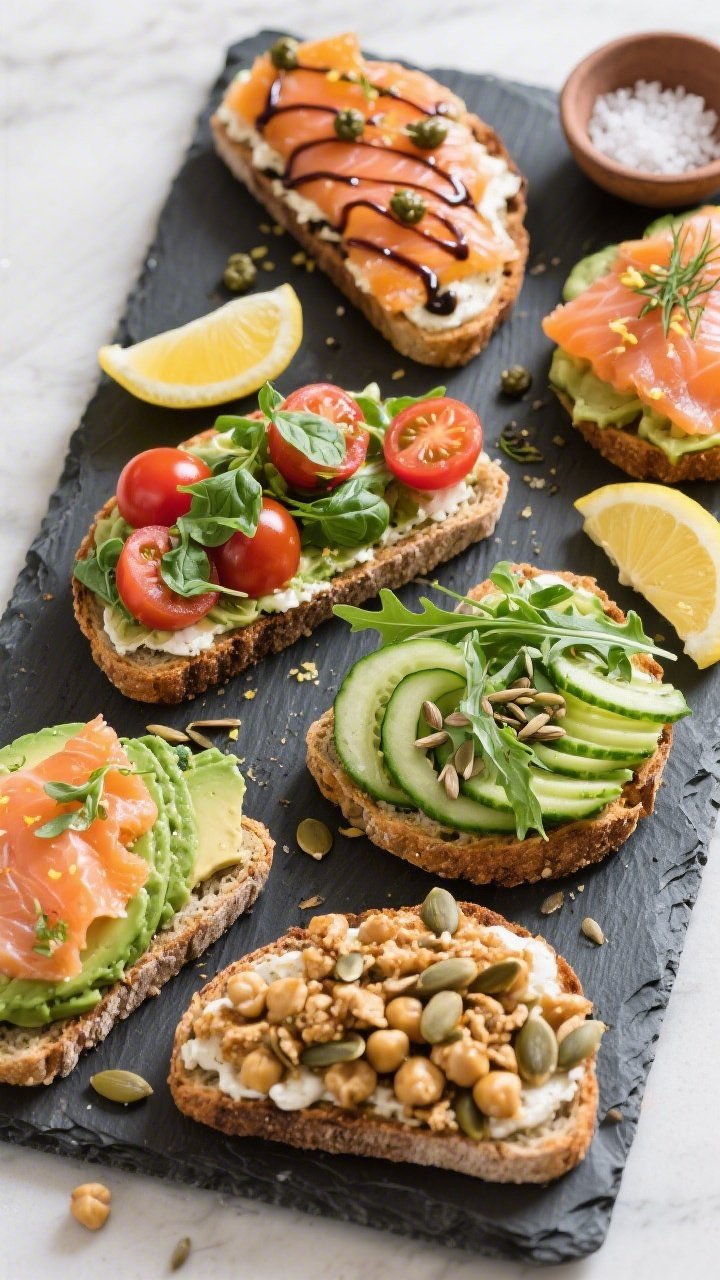 Tasty top view: Overhead brunch board of assorted gluten-free avocado toasts showcasing variety—To