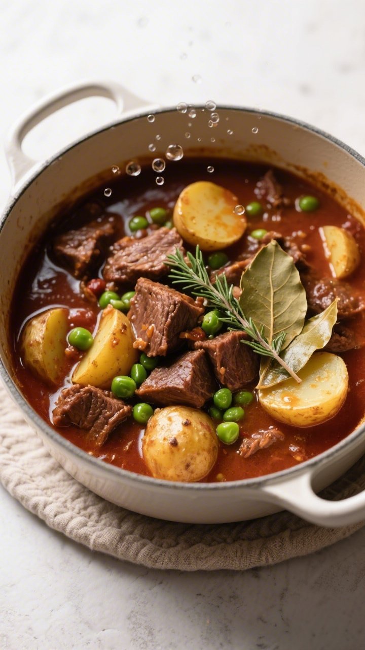 Tasty top view, overhead: One-pot gluten-free beef stew at a gentle simmer after potatoes have softe