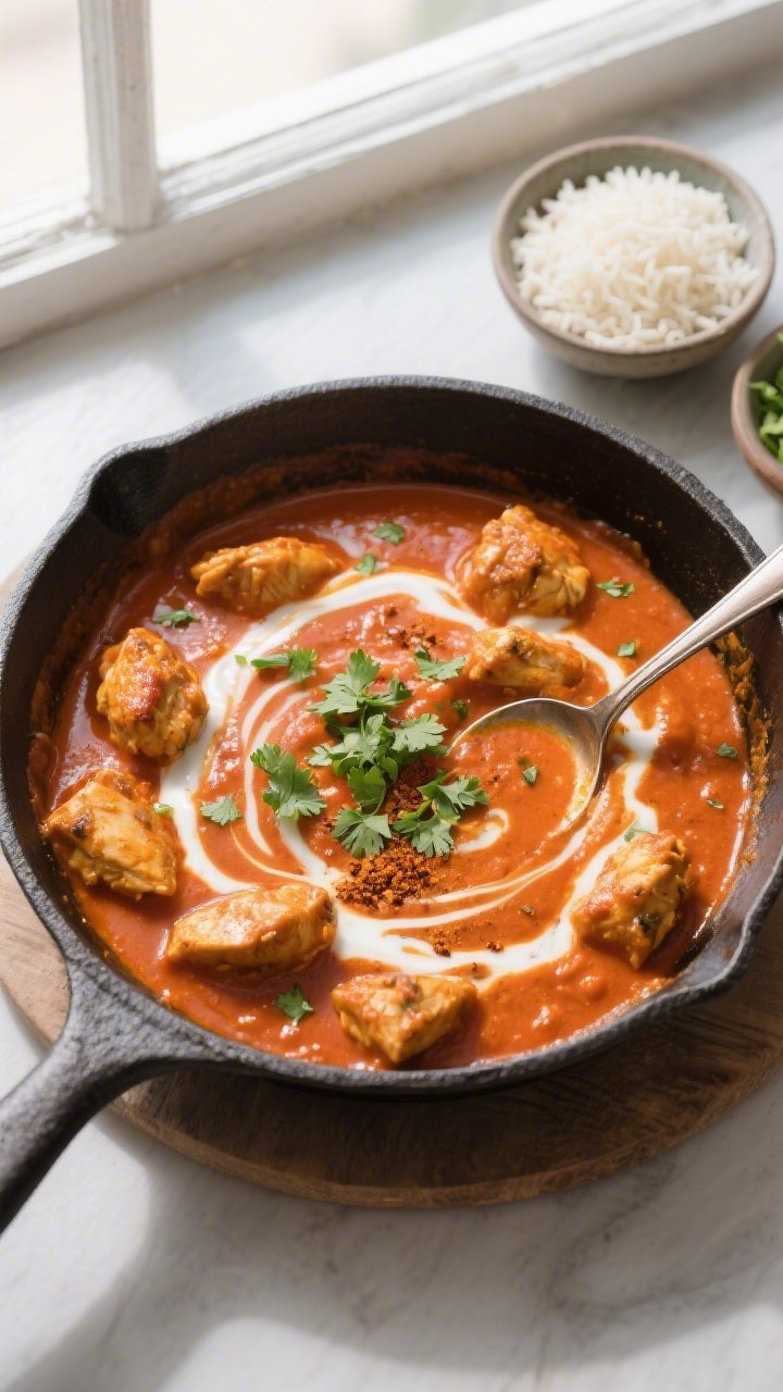 Tasty top view: Overhead shot of a deep-orange, silky chicken tikka masala simmering in a cast-iron 