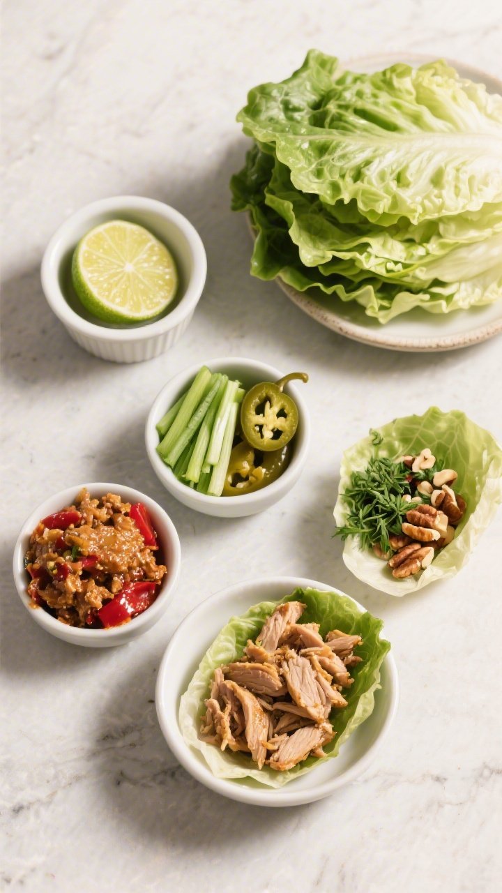 Tasty top view: Overhead shot of a DIY spread for turkey lettuce wraps—neatly separated components