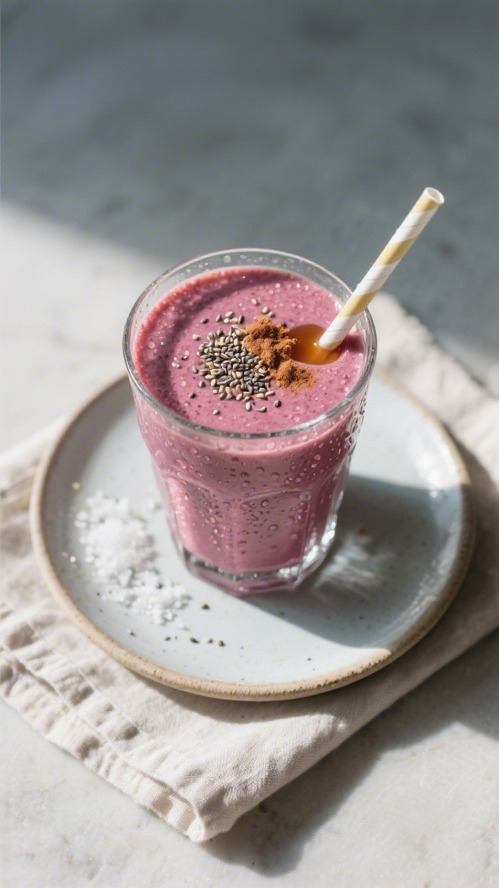 Tasty top view: Overhead shot of a finished dairy-free berry-banana smoothie poured into a chilled c