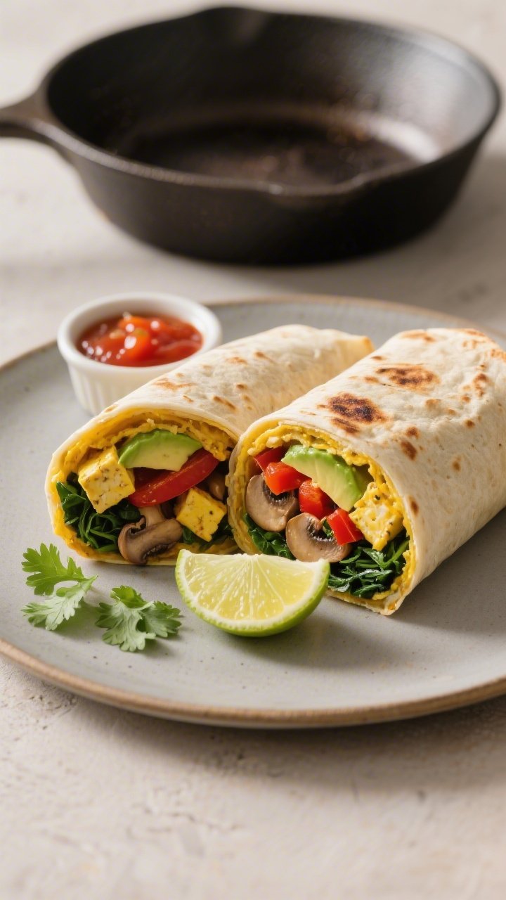 Tasty top view: Overhead shot of a just-rolled breakfast burrito sliced in half, seam-side crisped i