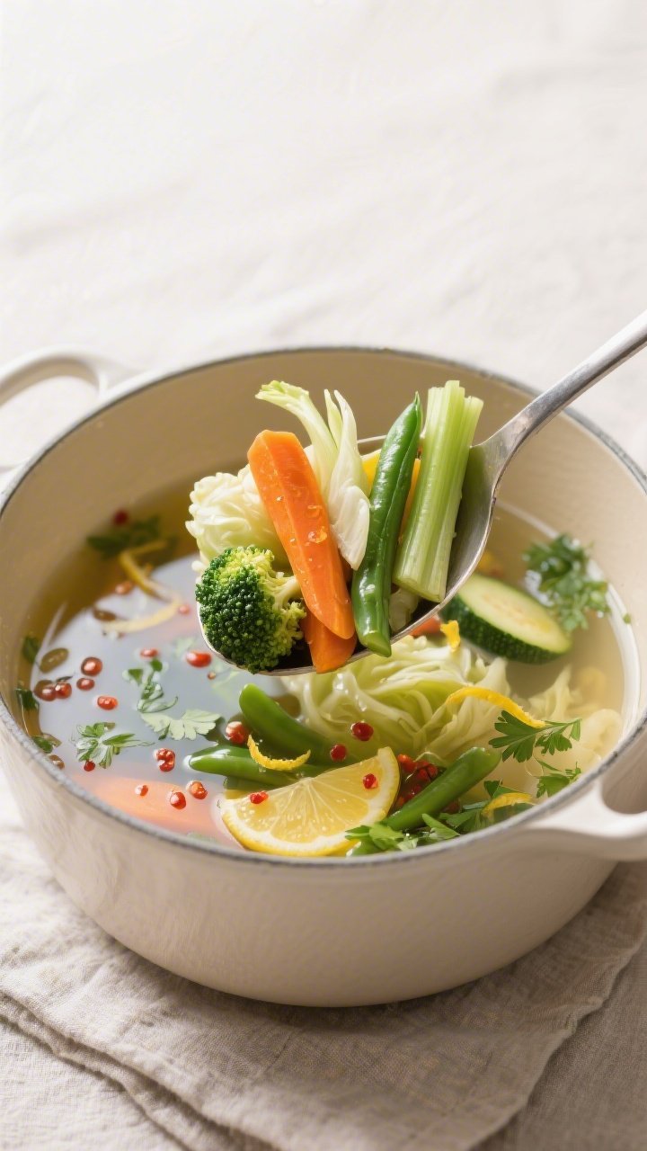Tasty top view: Overhead shot of a ladle hovering over the pot, capturing a scoop packed with colorf