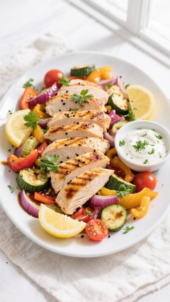 Tasty top view: Overhead shot of a large white platter piled with sliced grilled chicken breasts and