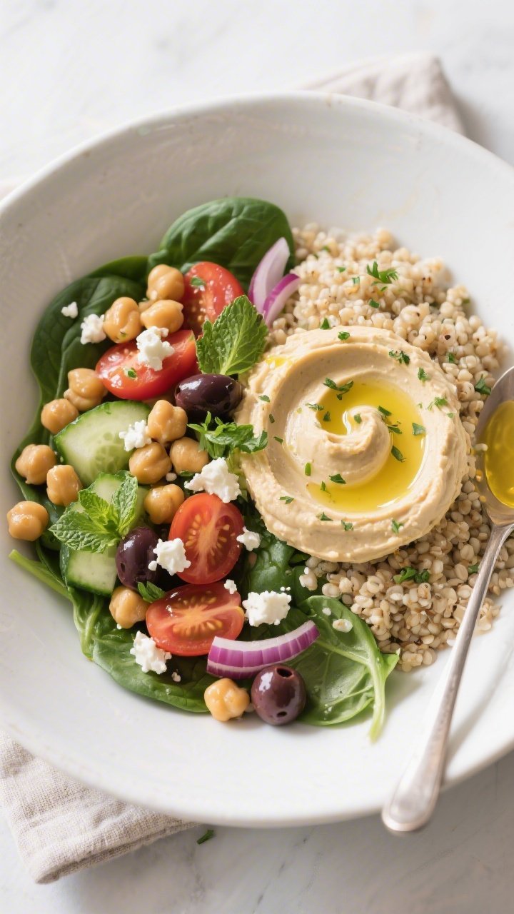 Tasty top view: Overhead shot of a Mediterranean gluten-free chickpea bowl assembled on a wide white