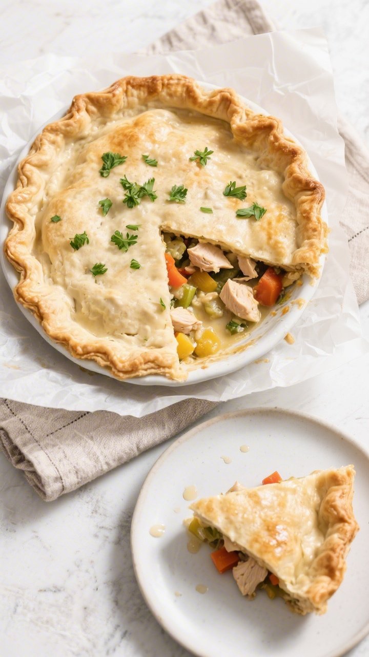Tasty top view: Overhead shot of a sliced gluten-free chicken pot pie in a 9-inch pie dish on parchm