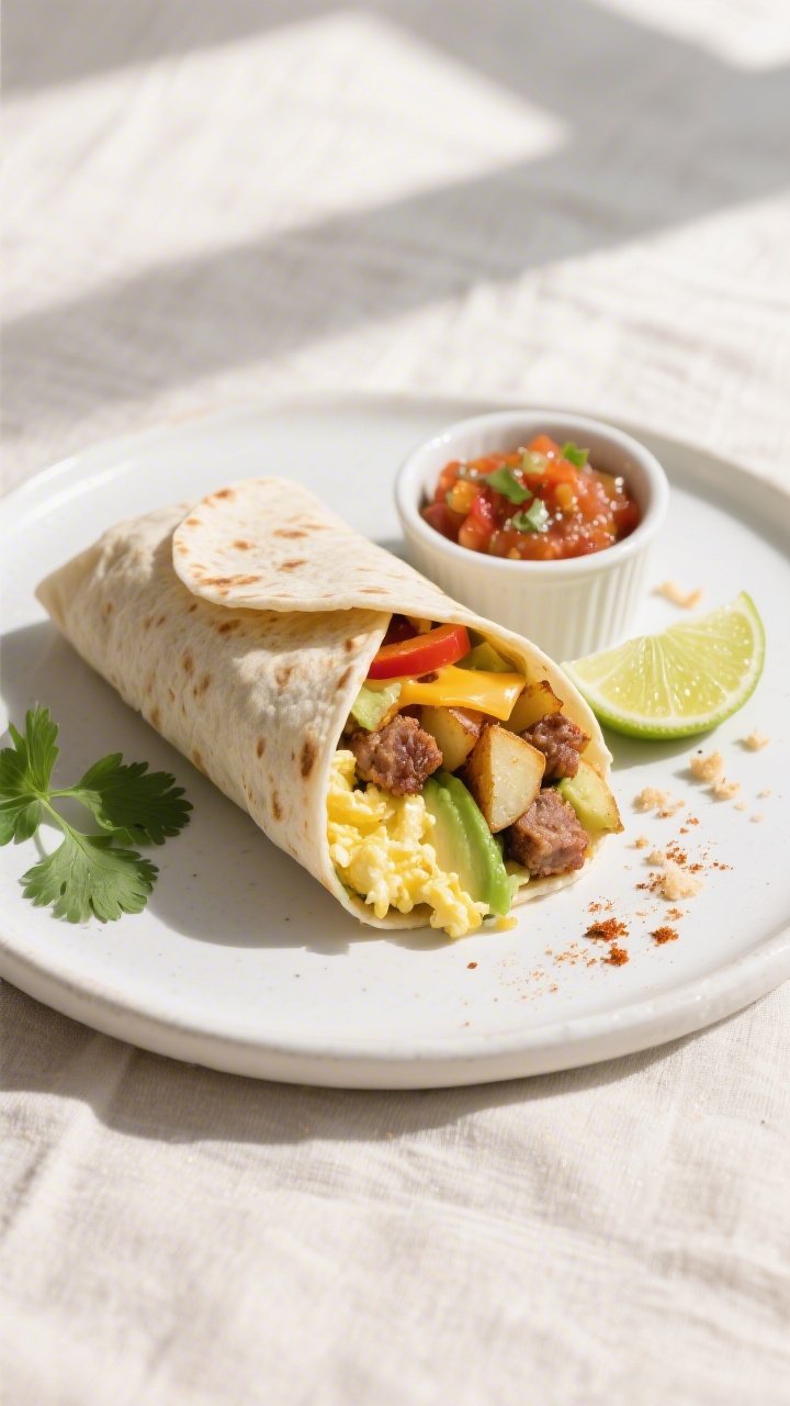 Tasty top view: Overhead shot of a sliced-open gluten-free breakfast burrito on a matte white plate,