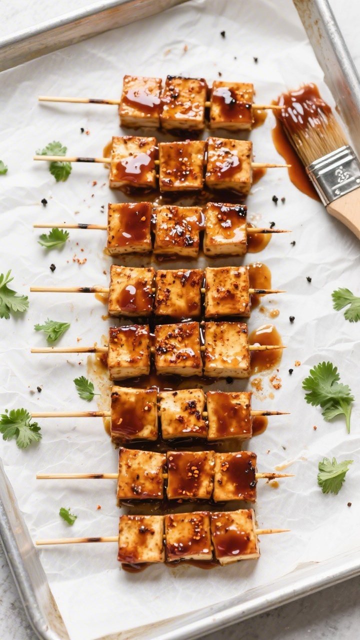 Tasty top view: Overhead shot of BBQ tofu skewers arranged in a neat grid on a parchment-lined sheet