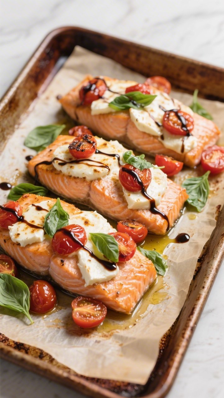Tasty top view: Overhead shot of Caprese baked salmon just out of the oven—salmon fillets topped w