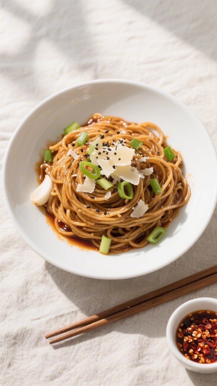 Tasty top view: Overhead shot of finished 15-minute garlic noodles twirled into a neat nest in a wid