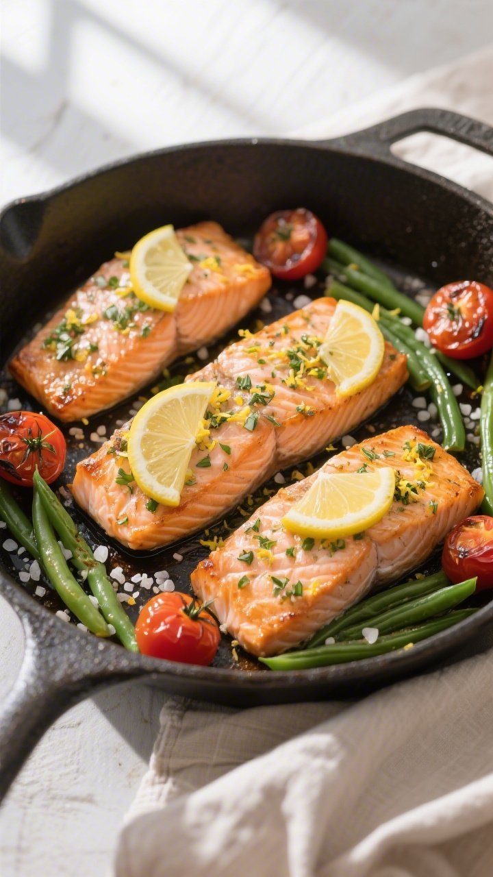 Tasty top view: Overhead shot of four baked salmon fillets in the skillet just out of the oven, opaq