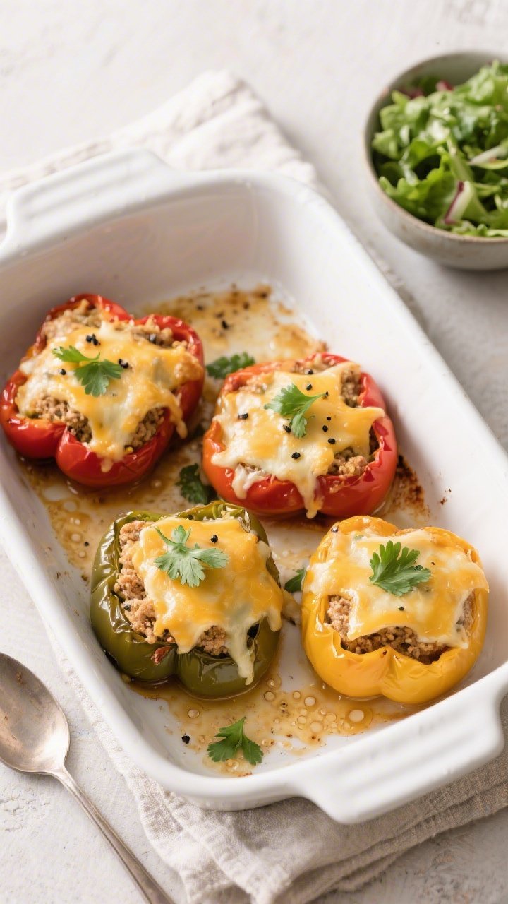 Tasty top view: Overhead shot of four gluten-free stuffed peppers (mixed colors) finished and plated