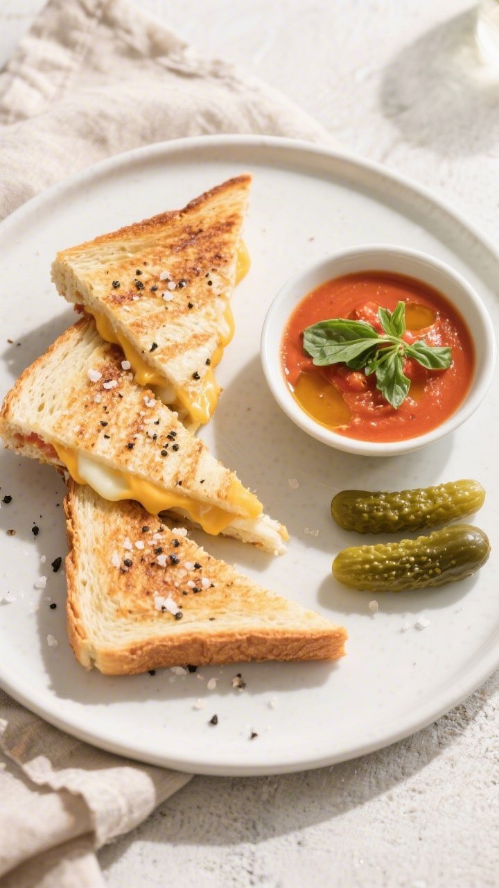 Tasty top view: Overhead shot of freshly sliced gluten-free grilled cheese triangles on a matte whit