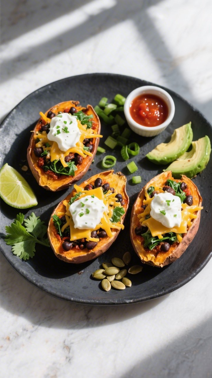 Tasty top view: Overhead shot of fully assembled gluten-free stuffed sweet potatoes on a matte charc
