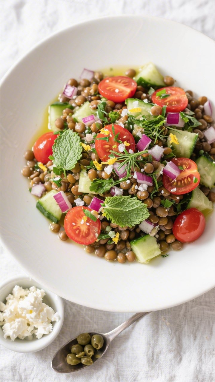 Tasty top view: Overhead shot of gluten-free lentil salad fully assembled—firm lentils folded with