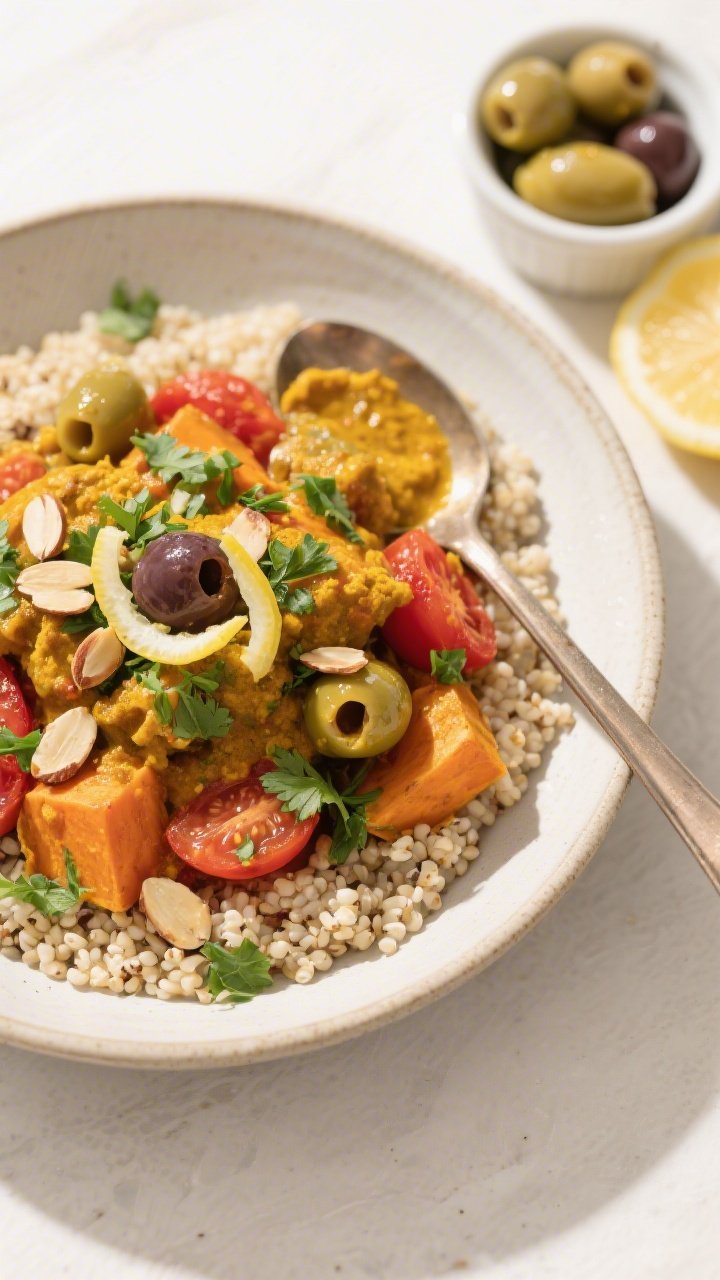 Tasty top view: Overhead shot of Gluten-Free Moroccan Tagine spooned over fluffy quinoa in a wide, s