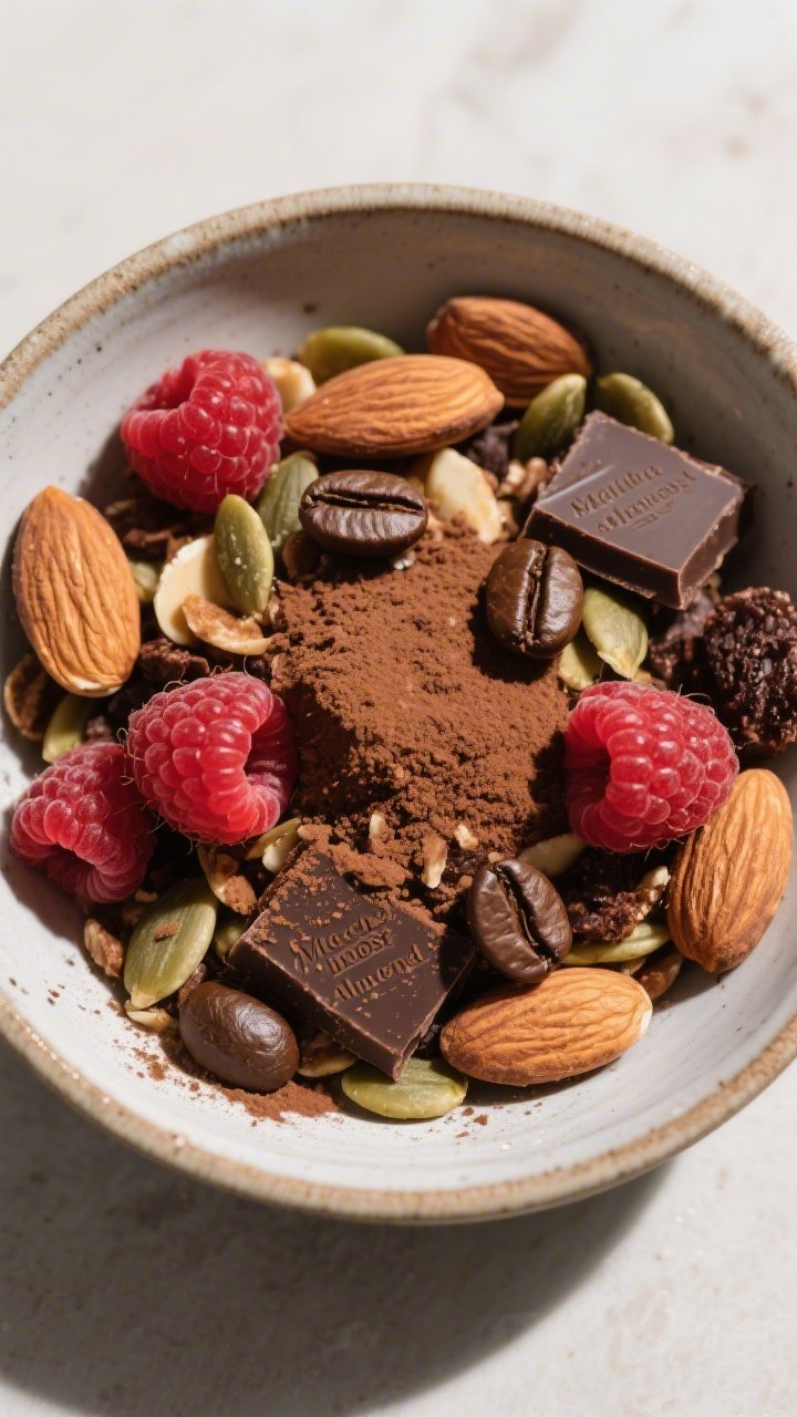 Tasty top view: Overhead shot of “Mocha Almond Boost” trail mix fully prepared and cooled in a w