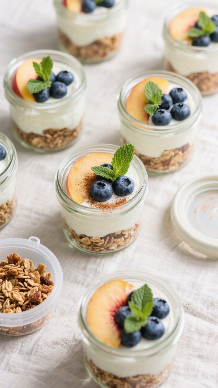 Tasty top view: Overhead shot of multiple meal-prep jars filled with layered gluten-free yogurt parf