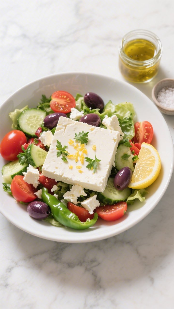 Tasty top view: Overhead shot of the final Gluten-Free Greek Salad with Lemon Dressing arranged in a