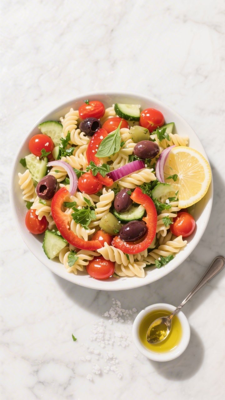 Tasty top view: Overhead shot of the final Zesty Dairy-Free Pasta Salad beautifully presented in a w