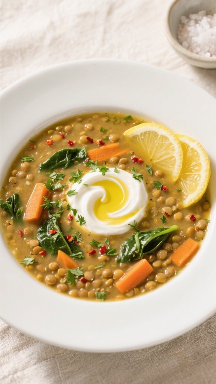 Tasty top view: Overhead shot of the final Zesty Lemon Lentil Soup in a wide white bowl on a light l