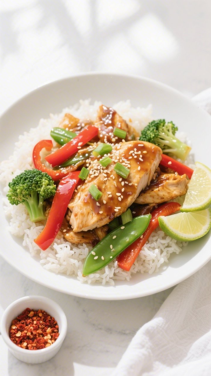 Tasty top view: Overhead shot of the finished gluten-free chicken stir fry served over fluffy jasmin