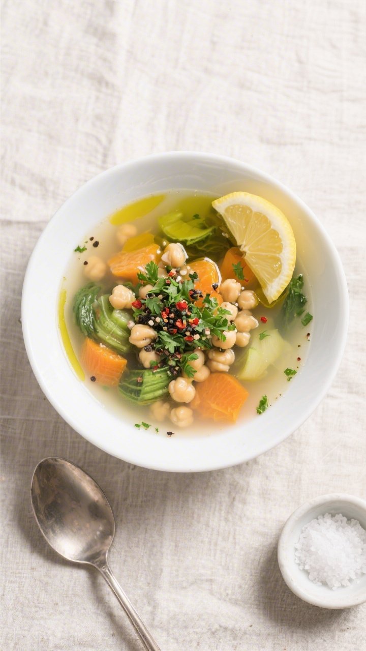 Tasty top view: Overhead shot of the finished gluten-free detox vegetable soup served in a wide whit